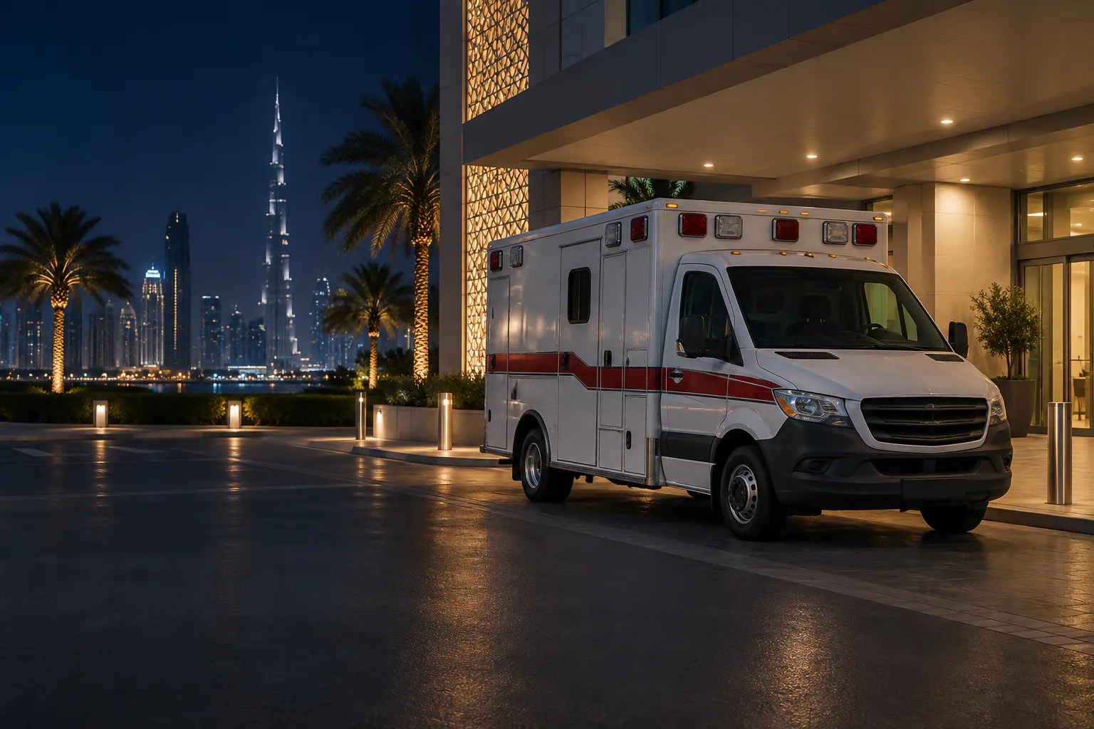 A generic ambulance waiting outside a Dubai hospital at night