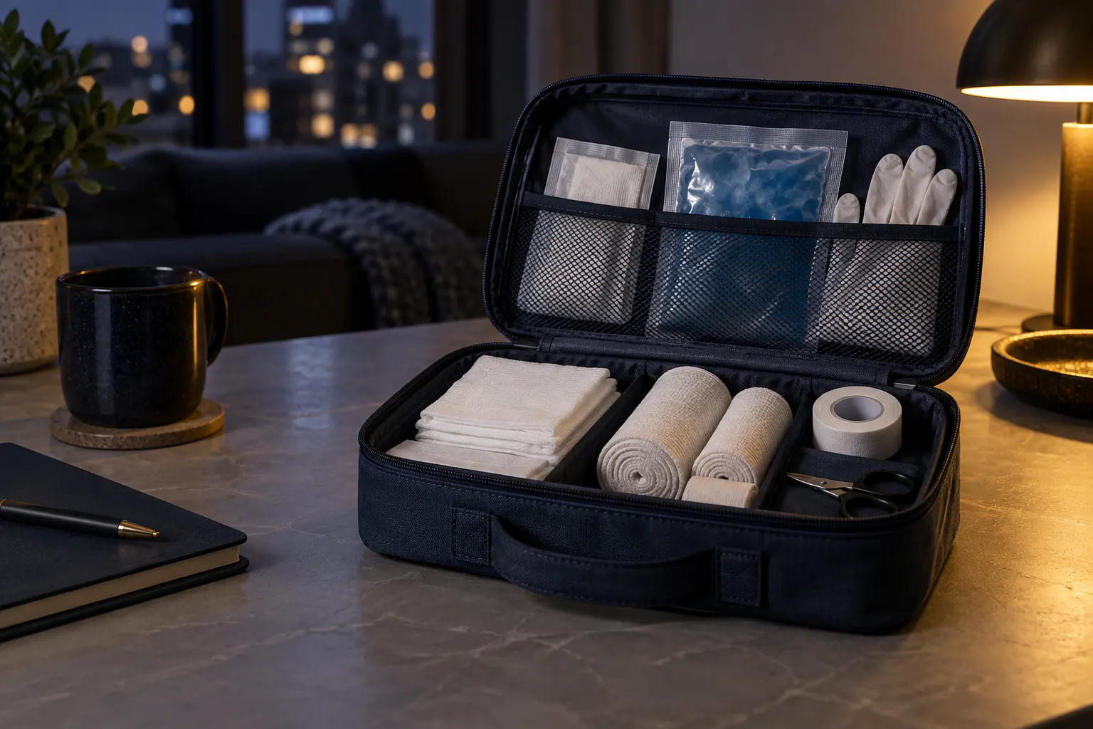 An open home first-aid kit with bandages, gauze and gloves